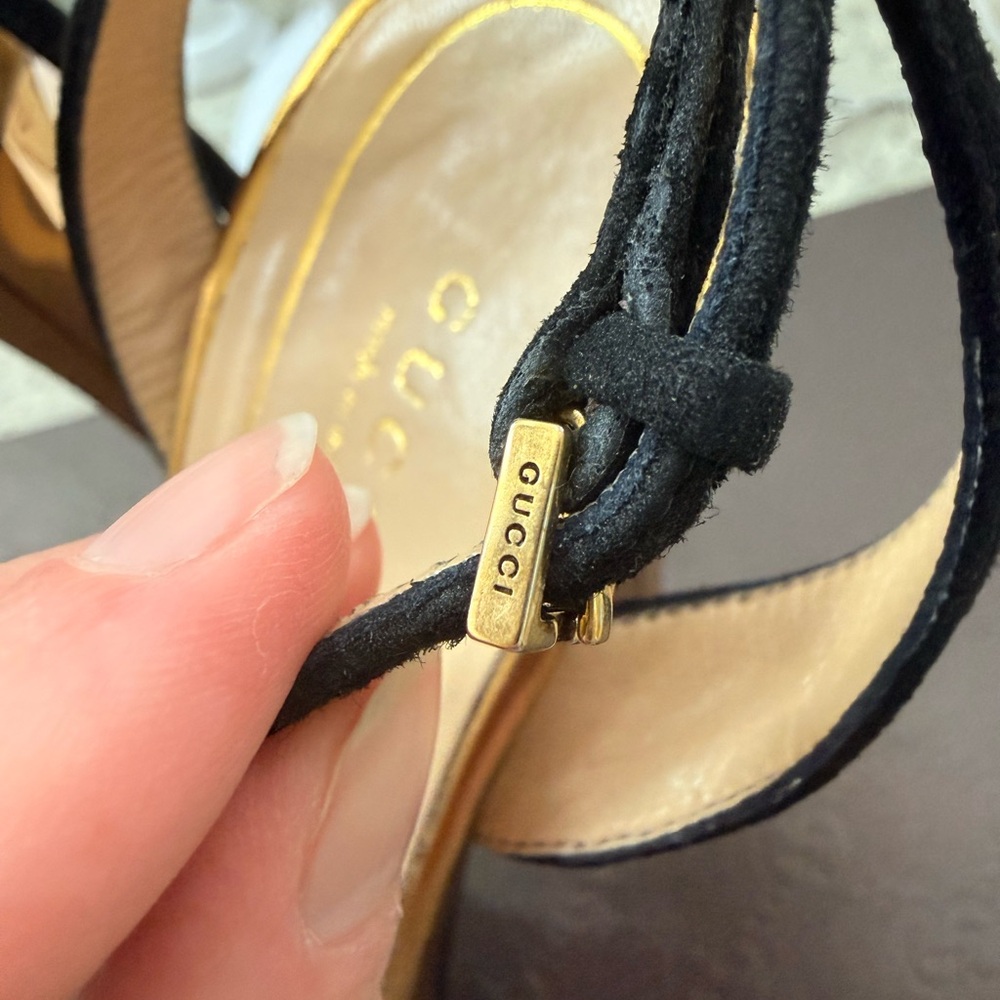 Gucci Black Suede and Gold Strappy Heels, 4 inch mirrored heel, peep toe. - Picture 11 of 12